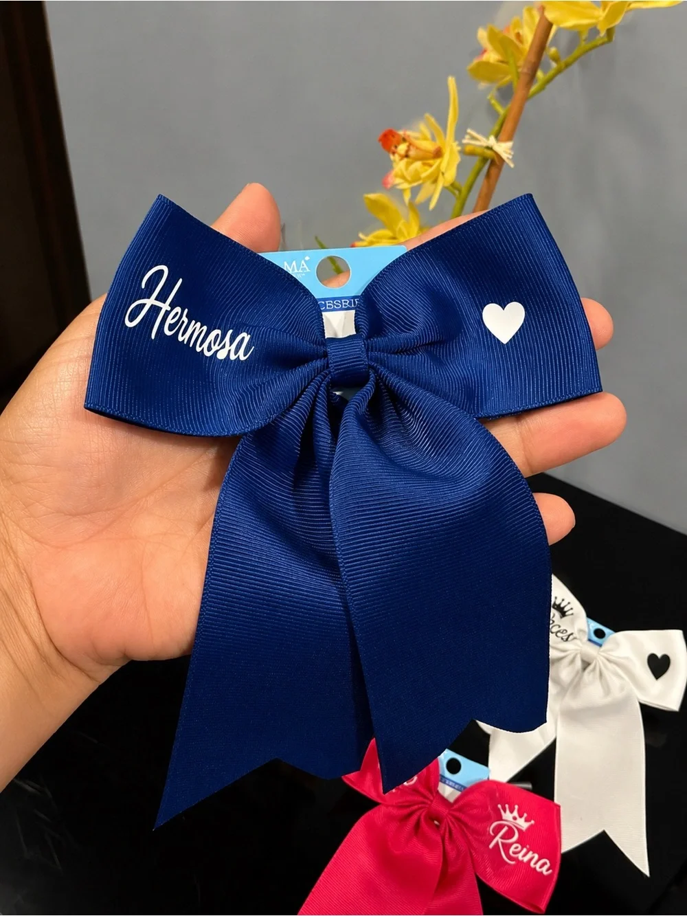 Customizable Ribbon Bow Hair Clip - Navy, White, Hot Pink
